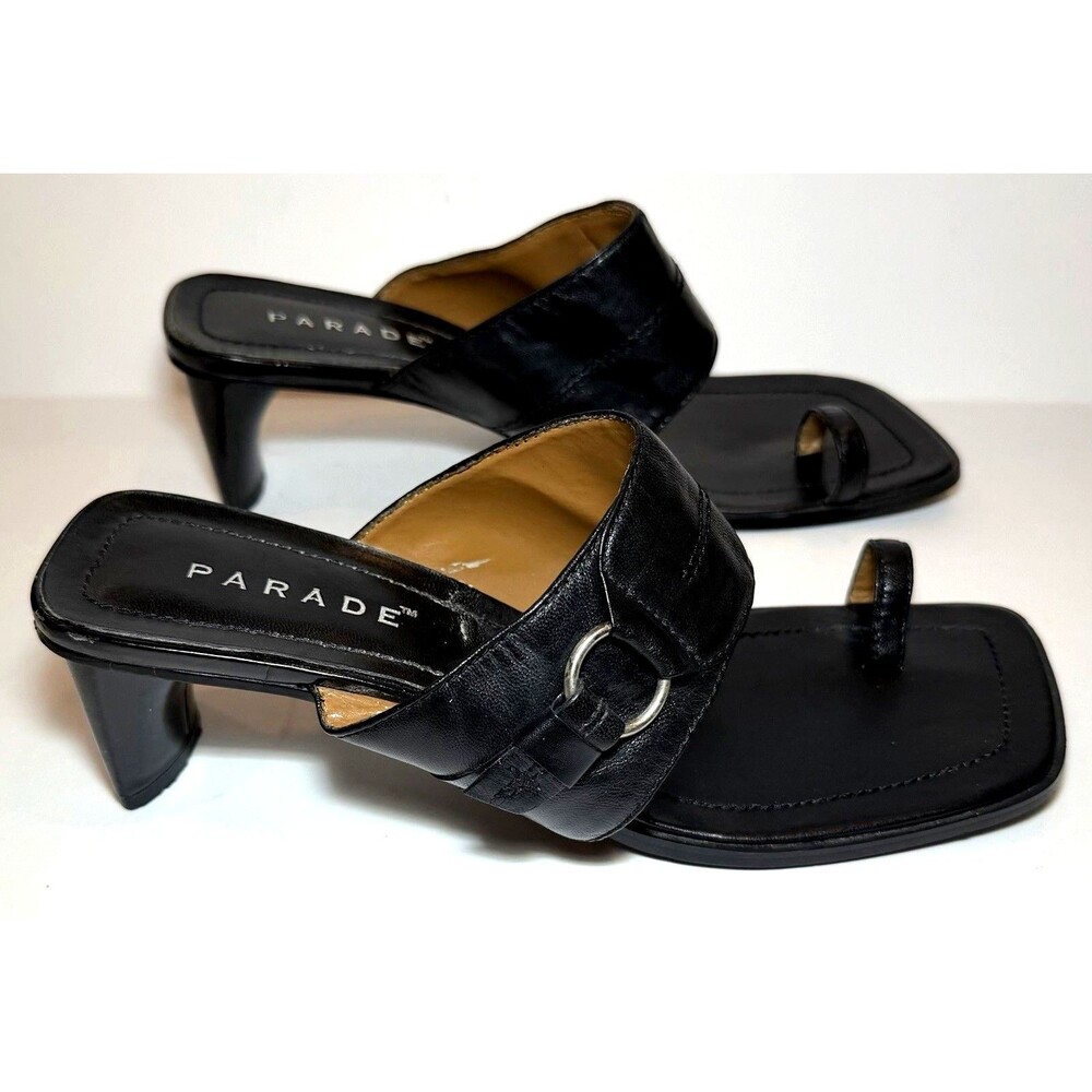 Parade Black Leather Toe Ring Mules Women’s 8 Y2K Block Heel Sandals